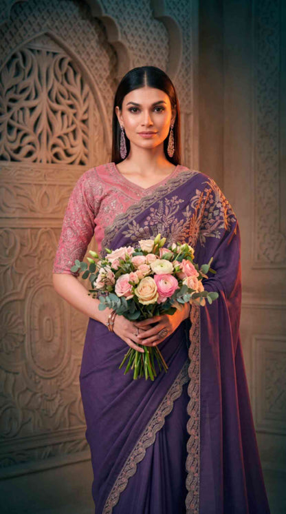 Royal Purple Soft Sparkle Georgette Saree with Embroidered Designer Blouse Piece [ Export Quality ]