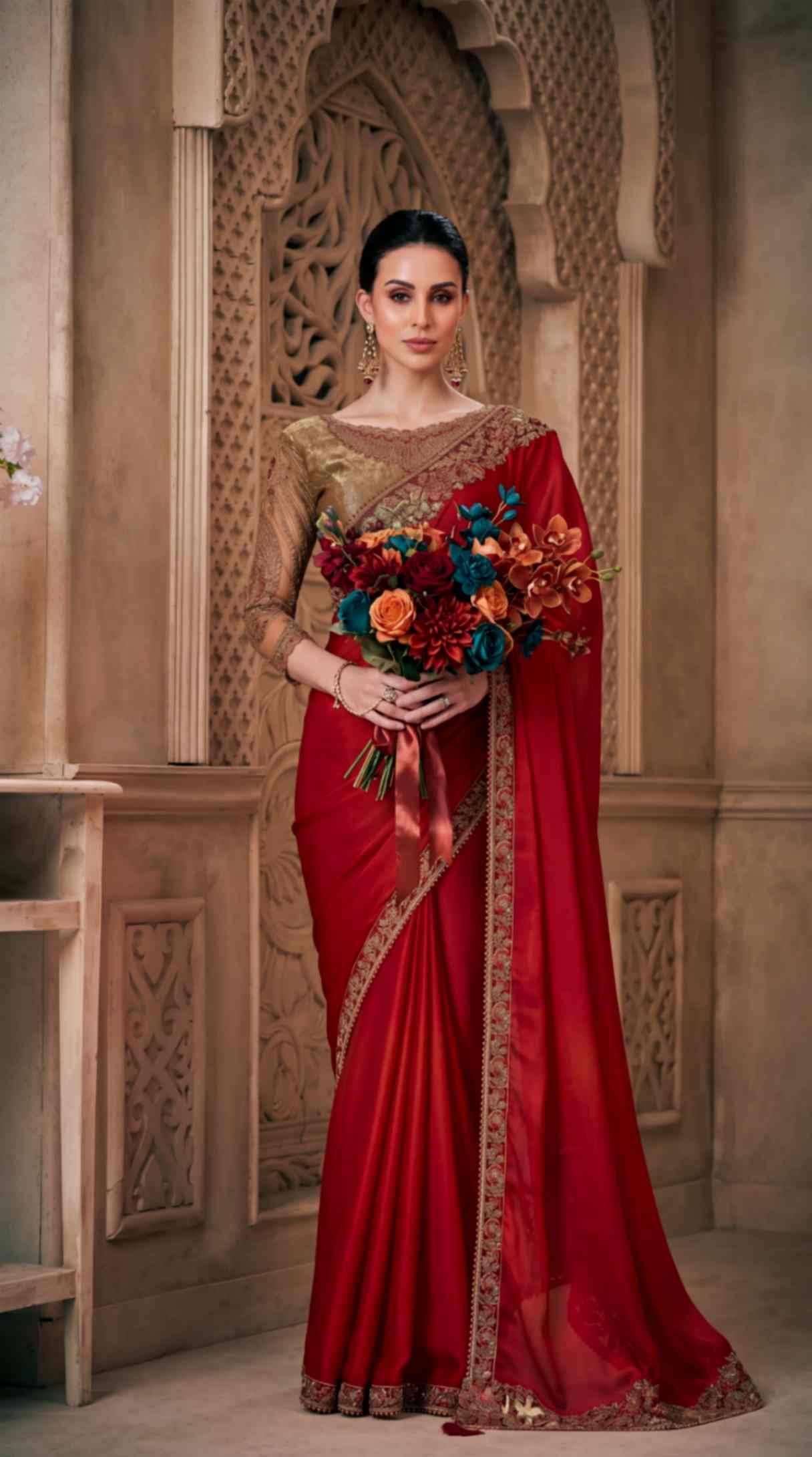 Ruby Red Satin Saree with Brocade Designer Blouse Piece [ Export Quality ]