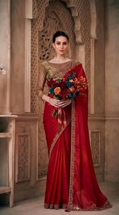 Ruby Red Satin Saree with Brocade Designer Blouse Piece [ Export Quality ]
