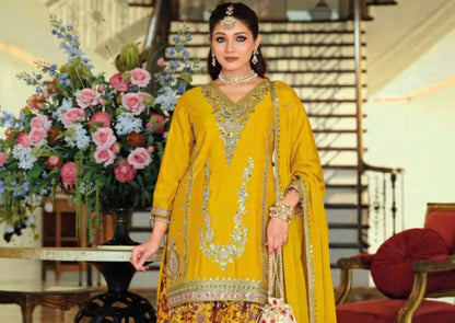Luxury Chinon Silk Blend Kurta with Jacquard Sharara and Matching Dupatta – Designer Festive Ethnic Punjabi Suit  [ Export Quality ]