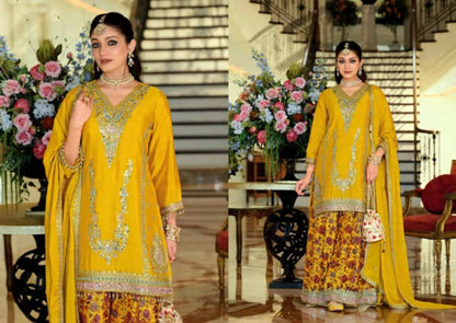 Luxury Chinon Silk Blend Kurta with Jacquard Sharara and Matching Dupatta – Designer Festive Ethnic Punjabi Suit  [ Export Quality ]