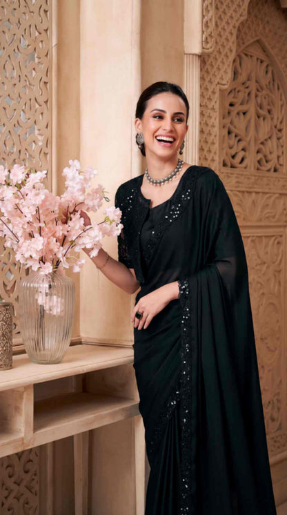 Black Satin Georgette Saree with Sequins Jacket Style Blouse Piece [ Export Quality ]