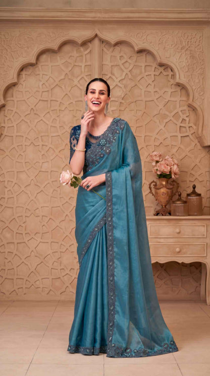 Dusty Blue Satin Crush Georgette Saree with Embroidered Designer Blouse Piece [ Export Quality ]