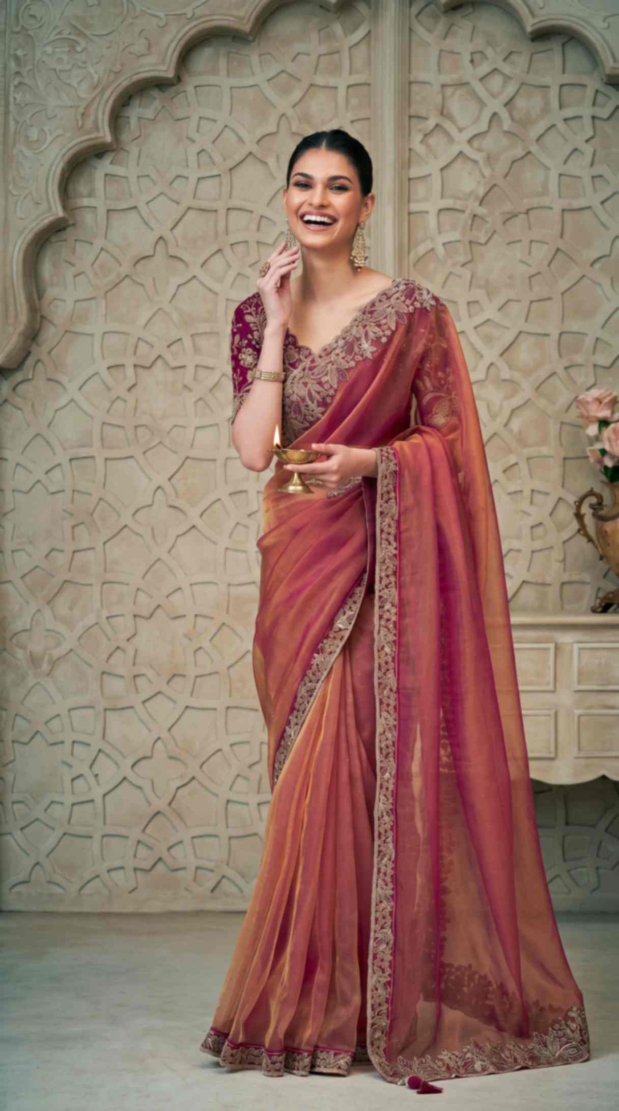 Rose Gold Shimmer Georgette Saree with Embroidered Designer Blouse Piece [ Export Quality ]
