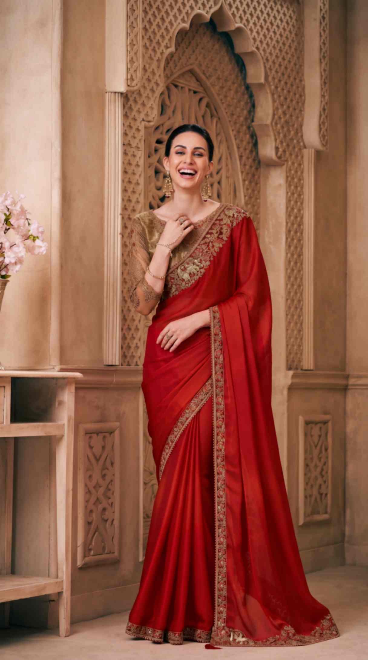 Ruby Red Satin Saree with Brocade Designer Blouse Piece [ Export Quality ]