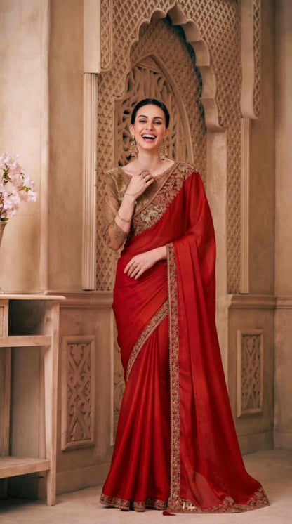 Ruby Red Satin Saree with Brocade Designer Blouse Piece [ Export Quality ]