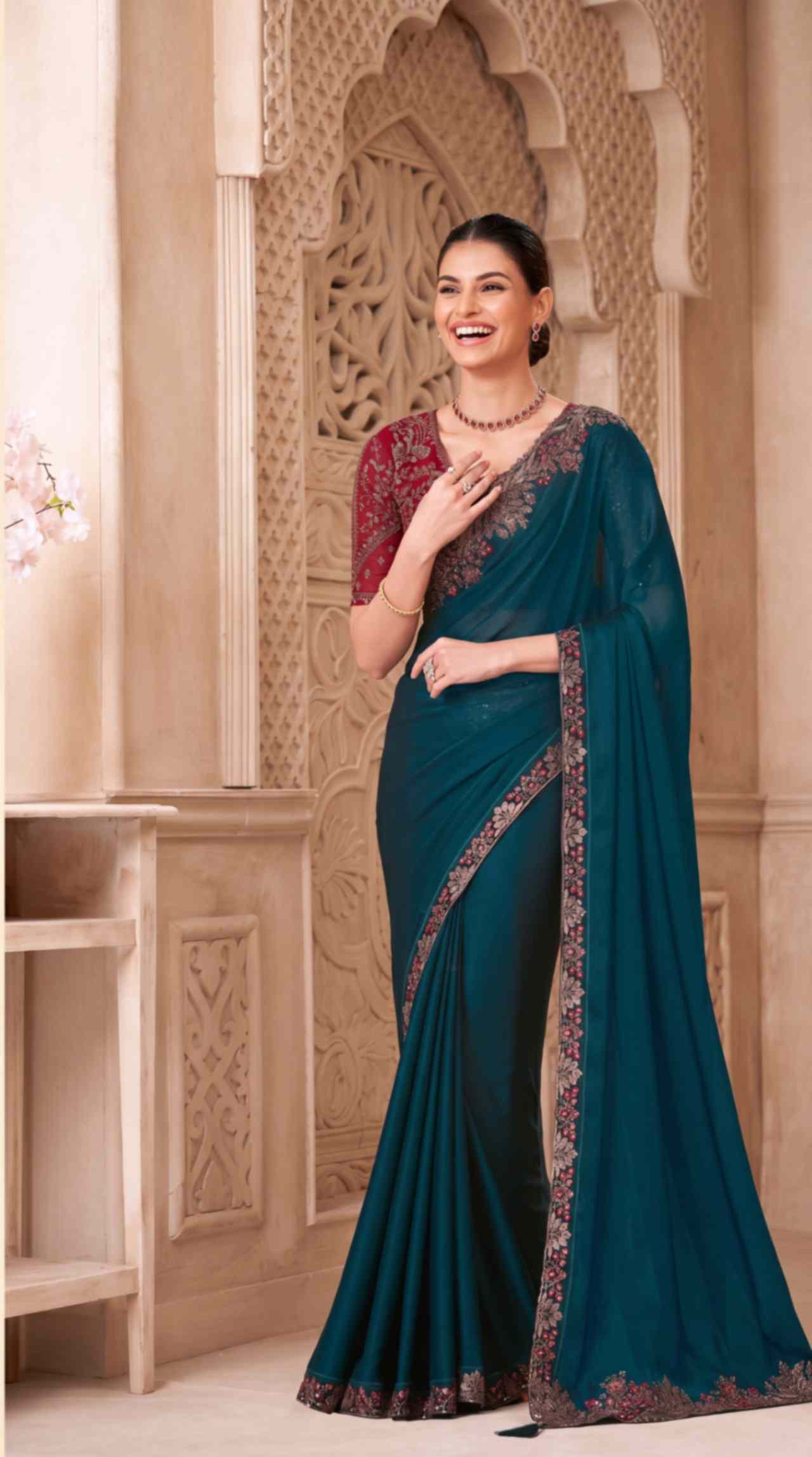 Emerald Teal Satin Georgette Saree with Embroidered Designer Blouse Piece [ Export Quality ]
