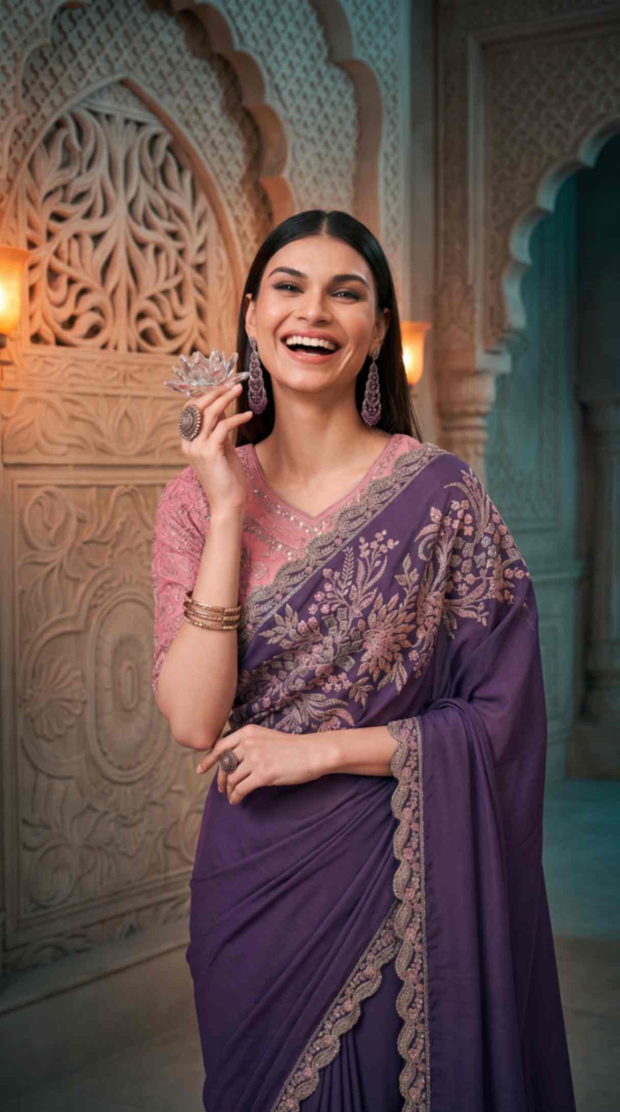 Royal Purple Soft Sparkle Georgette Saree with Embroidered Designer Blouse Piece [ Export Quality ]