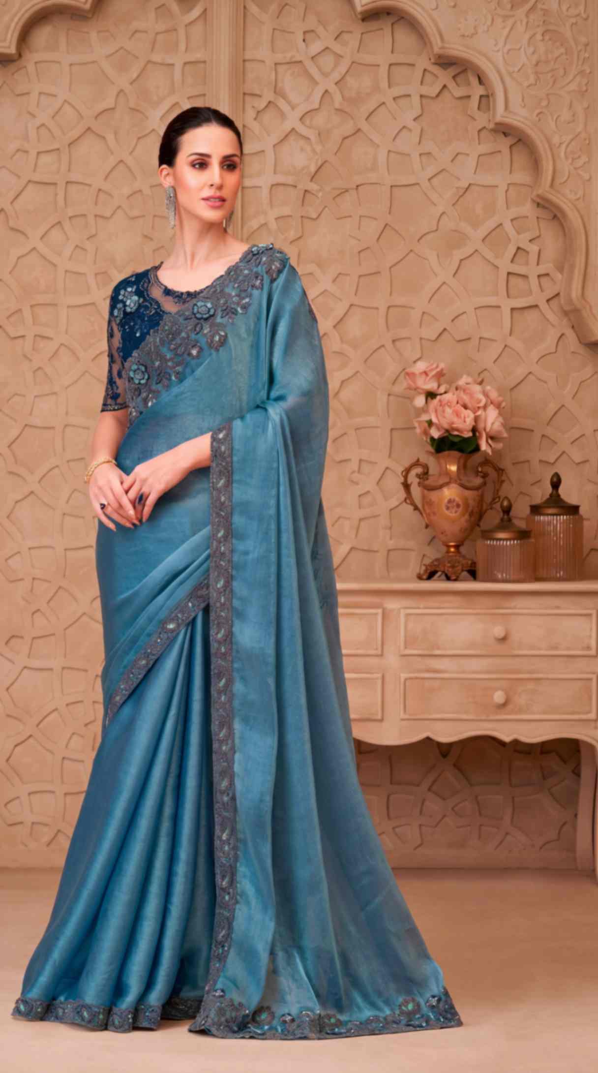 Dusty Blue Satin Crush Georgette Saree with Embroidered Designer Blouse Piece [ Export Quality ]