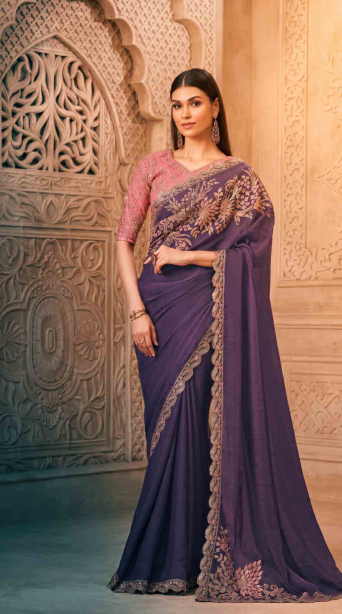 Royal Purple Soft Sparkle Georgette Saree with Embroidered Designer Blouse Piece [ Export Quality ]