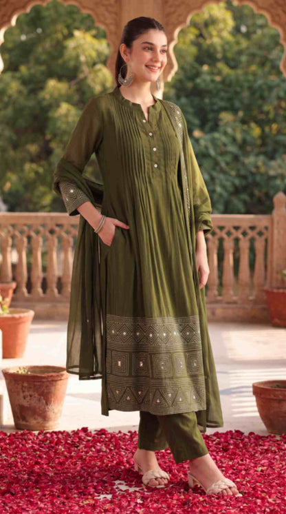 Olive Green Mul Chanderi Embroidered 3 Pcs Punjabi Suit with Linings