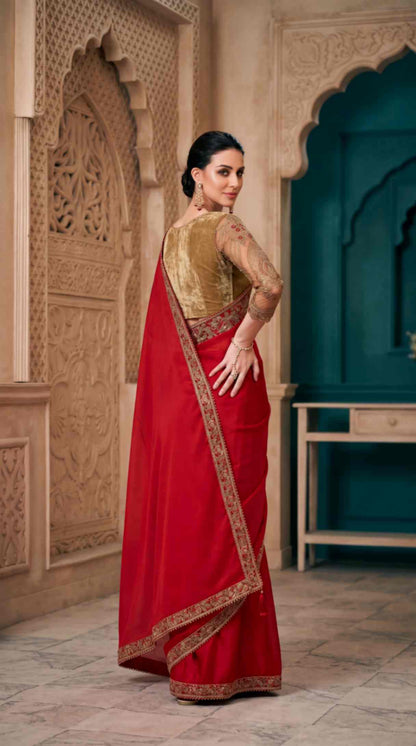 Ruby Red Satin Saree with Brocade Designer Blouse Piece [ Export Quality ]