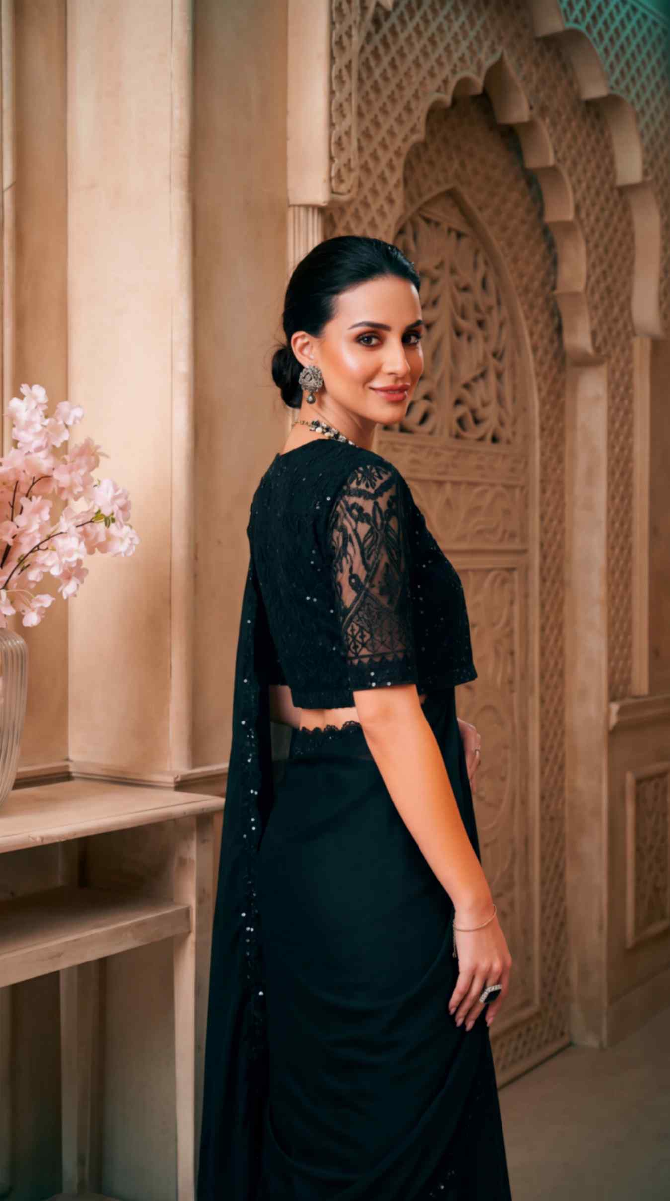 Black Satin Georgette Saree with Sequins Jacket Style Blouse Piece [ Export Quality ]