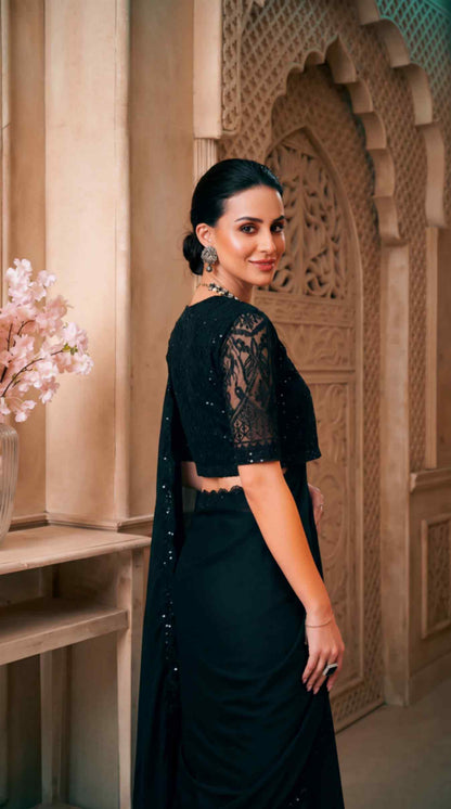 Black Satin Georgette Saree with Sequins Jacket Style Blouse Piece [ Export Quality ]