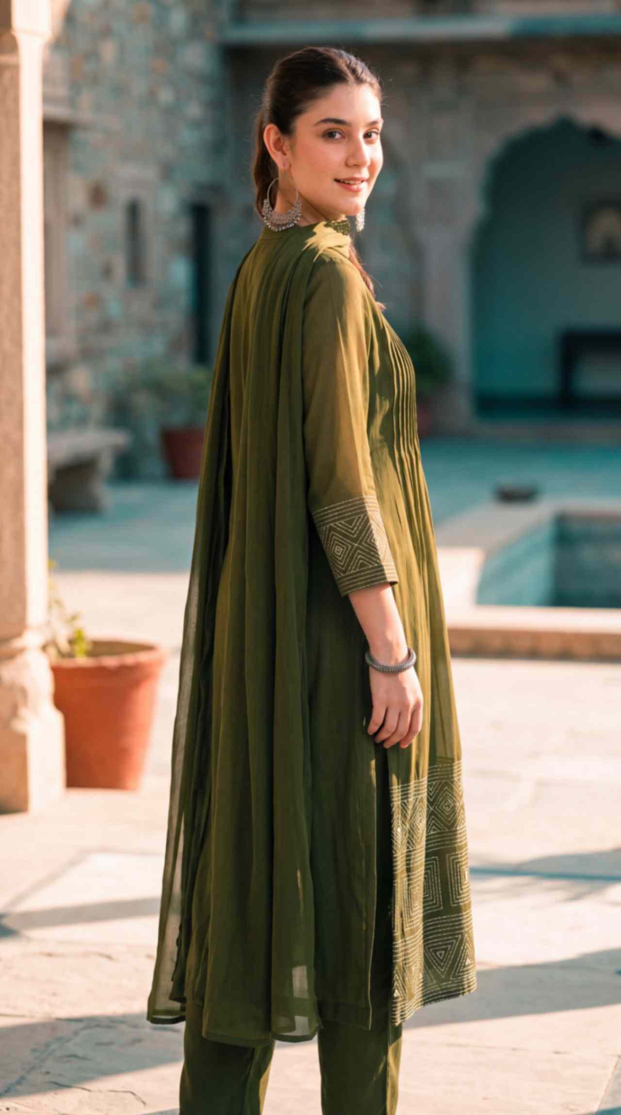 Olive Green Mul Chanderi Embroidered 3 Pcs Punjabi Suit with Linings