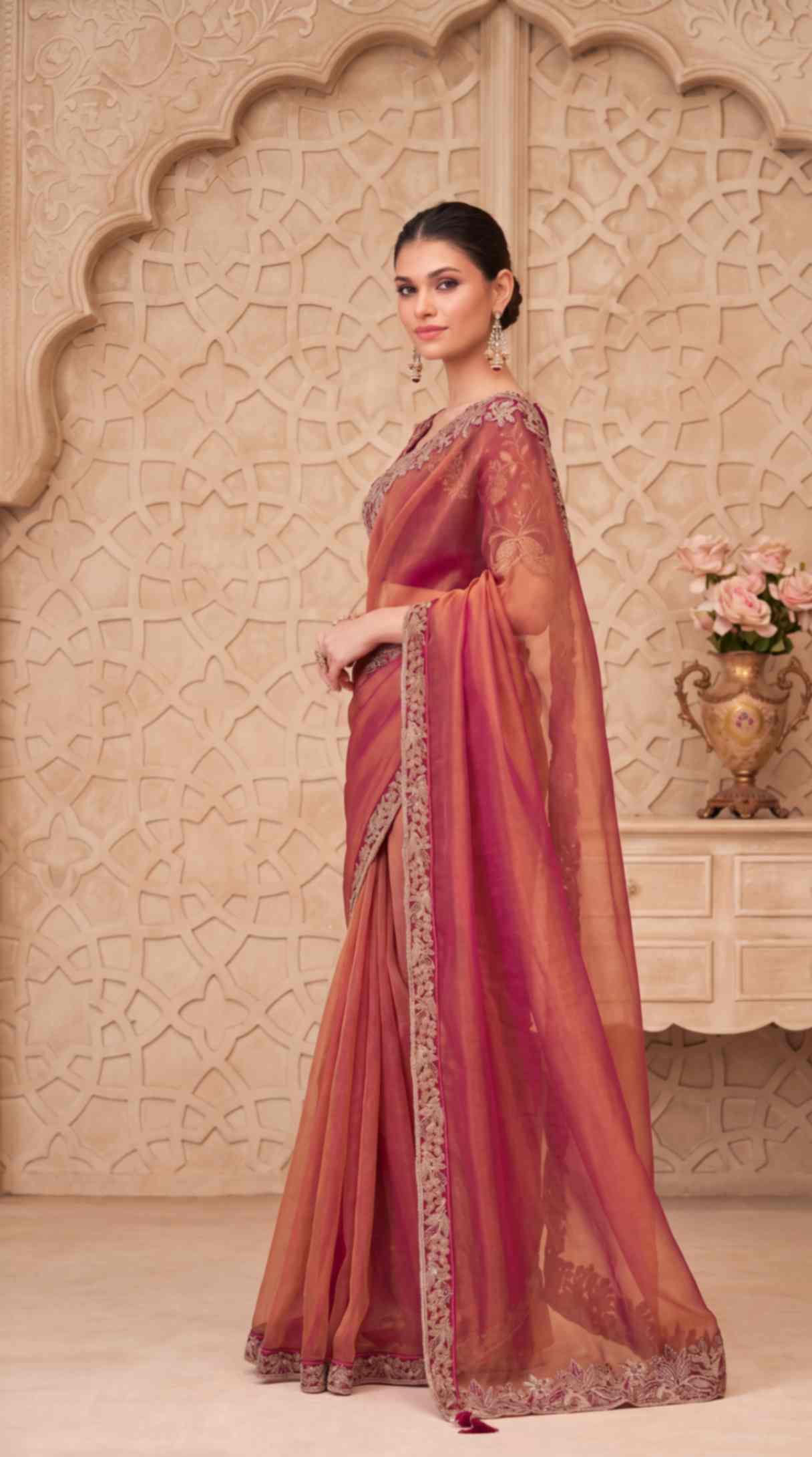 Rose Gold Shimmer Georgette Saree with Embroidered Designer Blouse Piece [ Export Quality ]