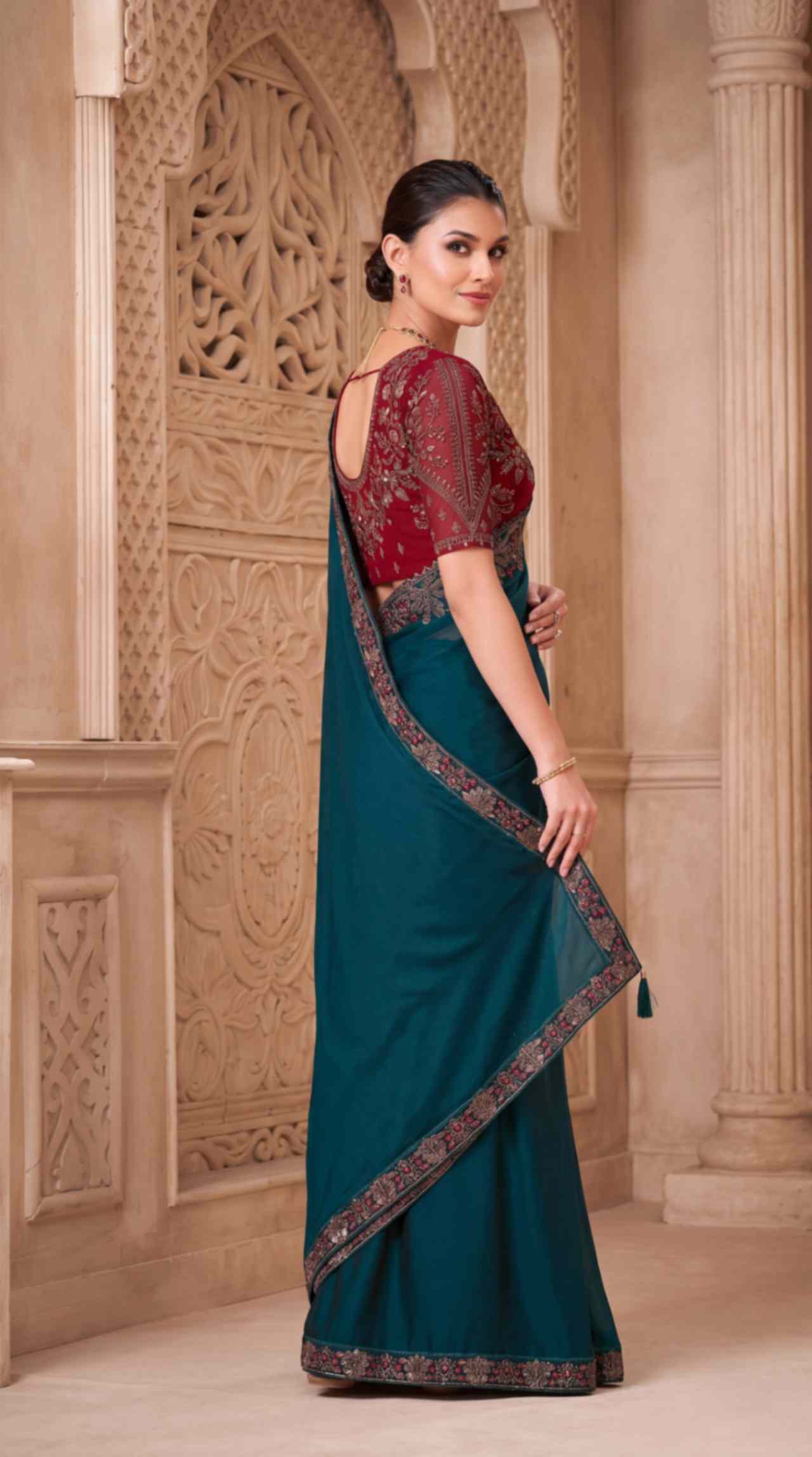 Emerald Teal Satin Georgette Saree with Embroidered Designer Blouse Piece [ Export Quality ]