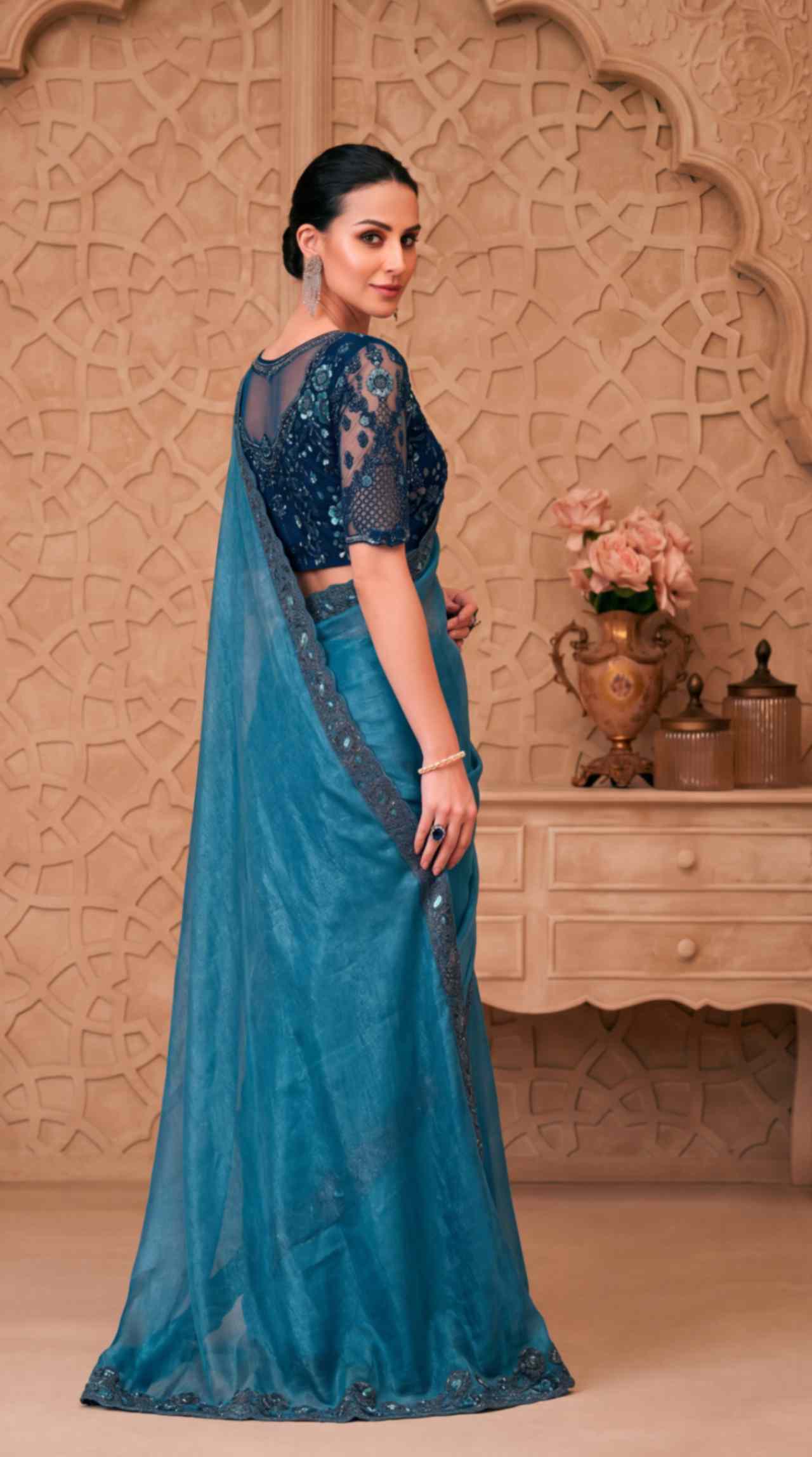 Dusty Blue Satin Crush Georgette Saree with Embroidered Designer Blouse Piece [ Export Quality ]