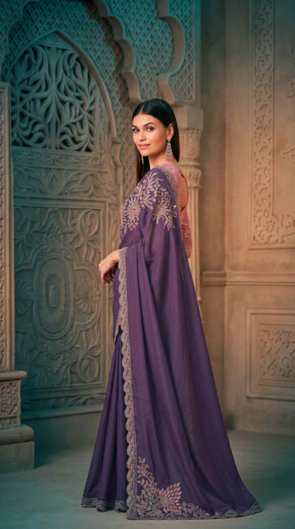 Royal Purple Soft Sparkle Georgette Saree with Embroidered Designer Blouse Piece [ Export Quality ]