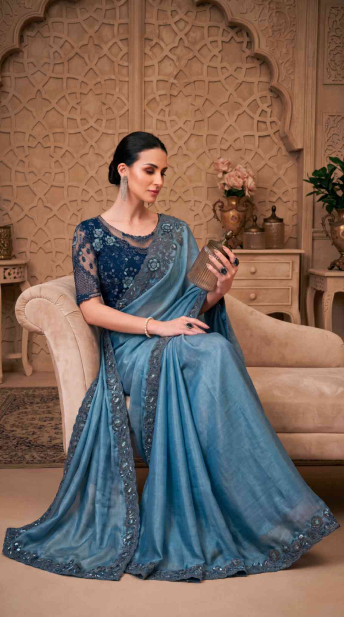 Dusty Blue Satin Crush Georgette Saree with Embroidered Designer Blouse Piece [ Export Quality ]