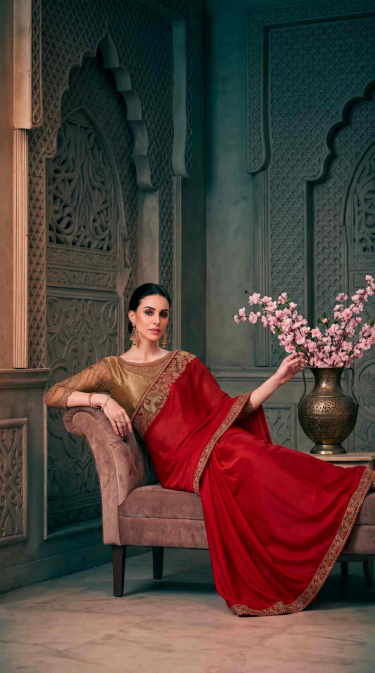 Ruby Red Satin Saree with Brocade Designer Blouse Piece [ Export Quality ]