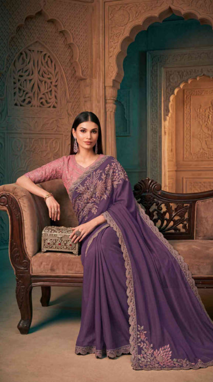 Royal Purple Soft Sparkle Georgette Saree with Embroidered Designer Blouse Piece [ Export Quality ]