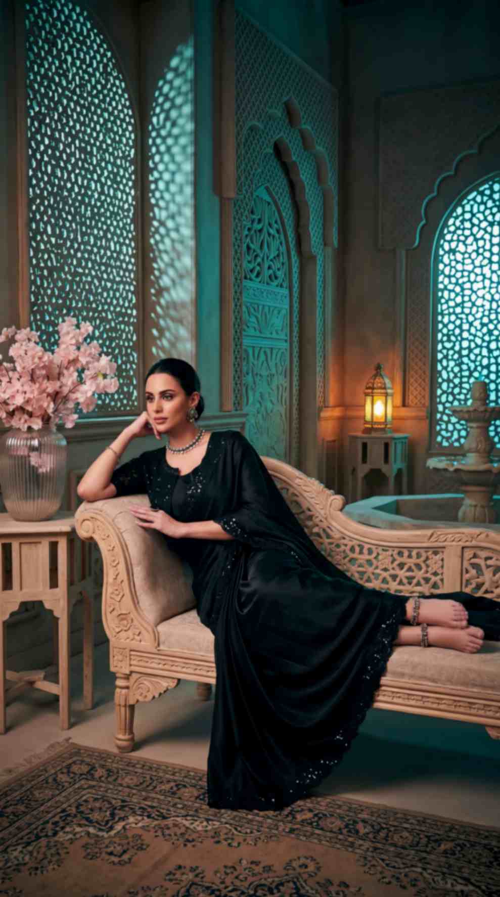 Black Satin Georgette Saree with Sequins Jacket Style Blouse Piece [ Export Quality ]