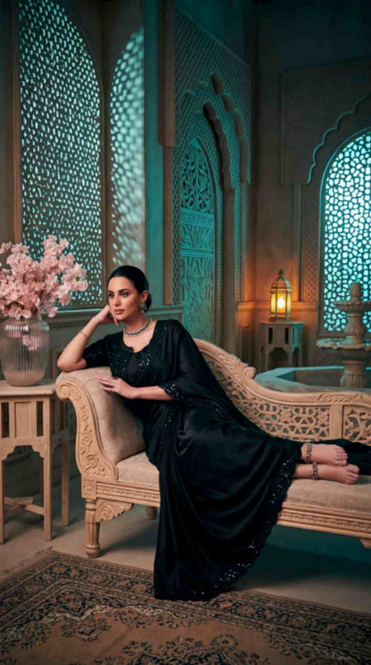 Black Satin Georgette Saree with Sequins Jacket Style Blouse Piece [ Export Quality ]