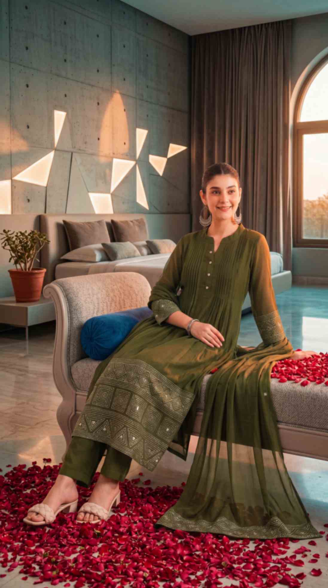Olive Green Mul Chanderi Embroidered 3 Pcs Punjabi Suit with Linings