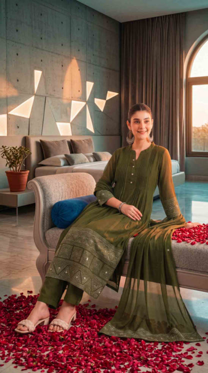 Olive Green Mul Chanderi Embroidered 3 Pcs Punjabi Suit with Linings