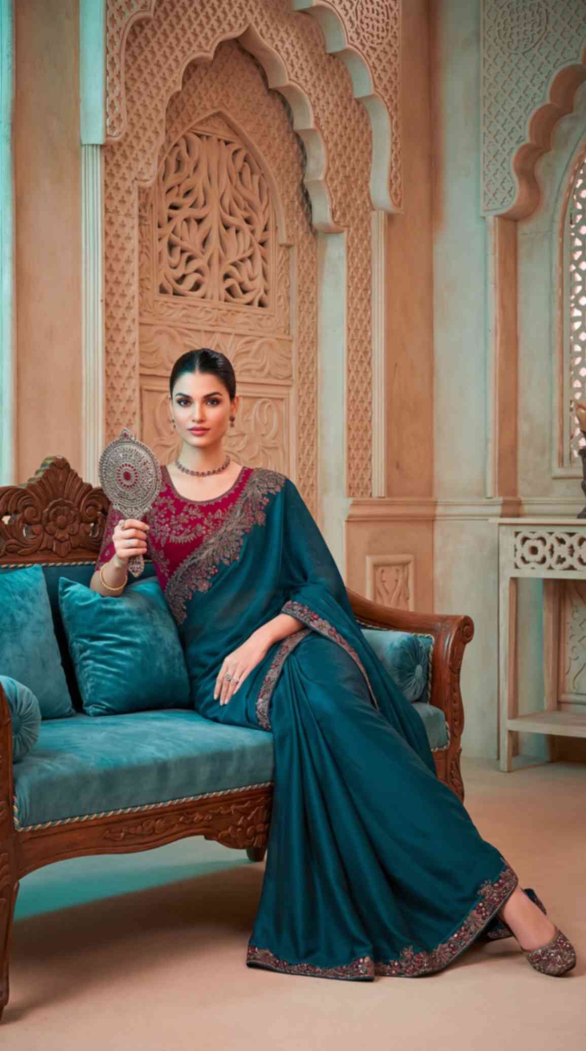 Emerald Teal Satin Georgette Saree with Embroidered Designer Blouse Piece [ Export Quality ]
