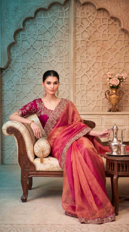 Rose Gold Shimmer Georgette Saree with Embroidered Designer Blouse Piece [ Export Quality ]