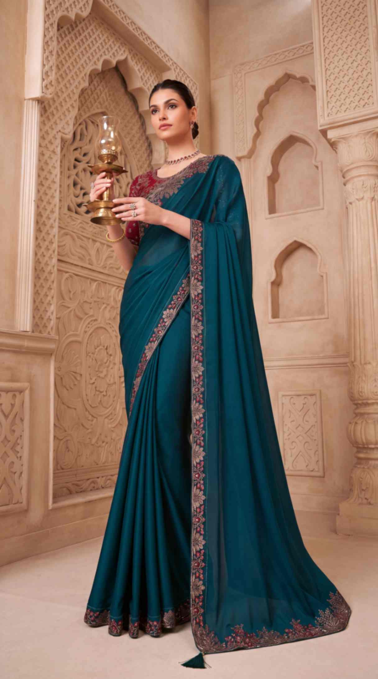 Emerald Teal Satin Georgette Saree with Embroidered Designer Blouse Piece [ Export Quality ]