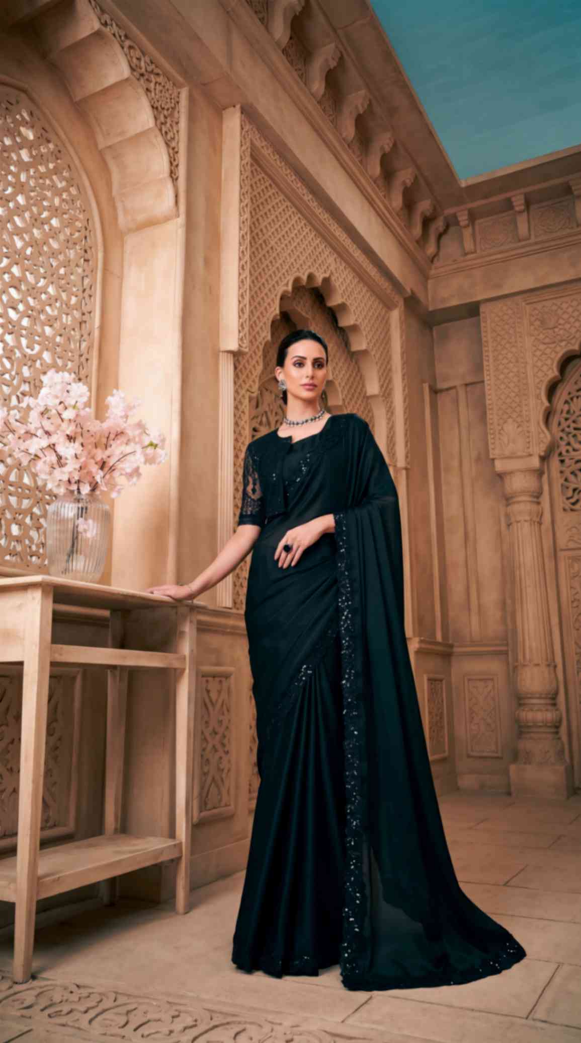 Black Satin Georgette Saree with Sequins Jacket Style Blouse Piece [ Export Quality ]