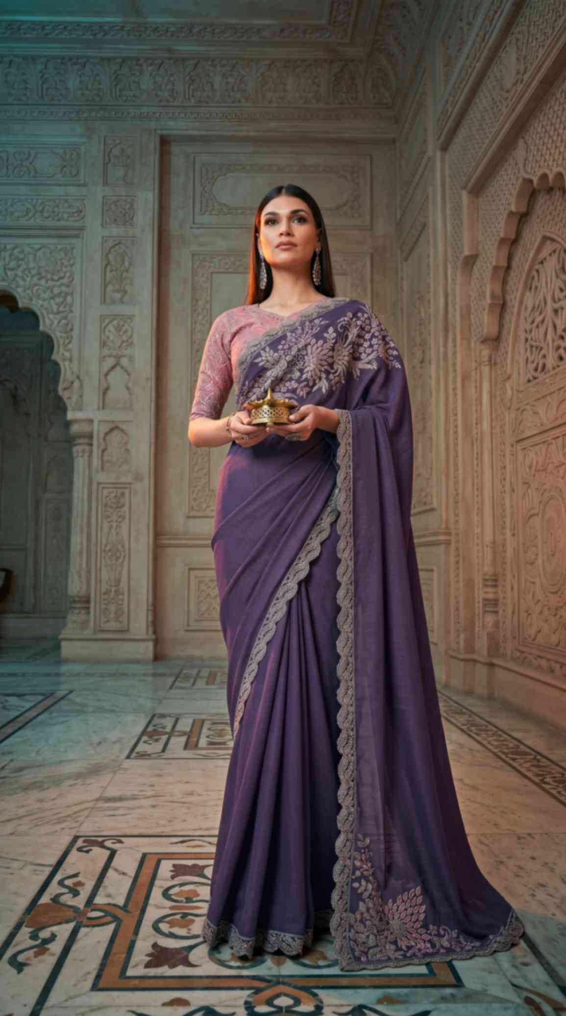 Royal Purple Soft Sparkle Georgette Saree with Embroidered Designer Blouse Piece [ Export Quality ]