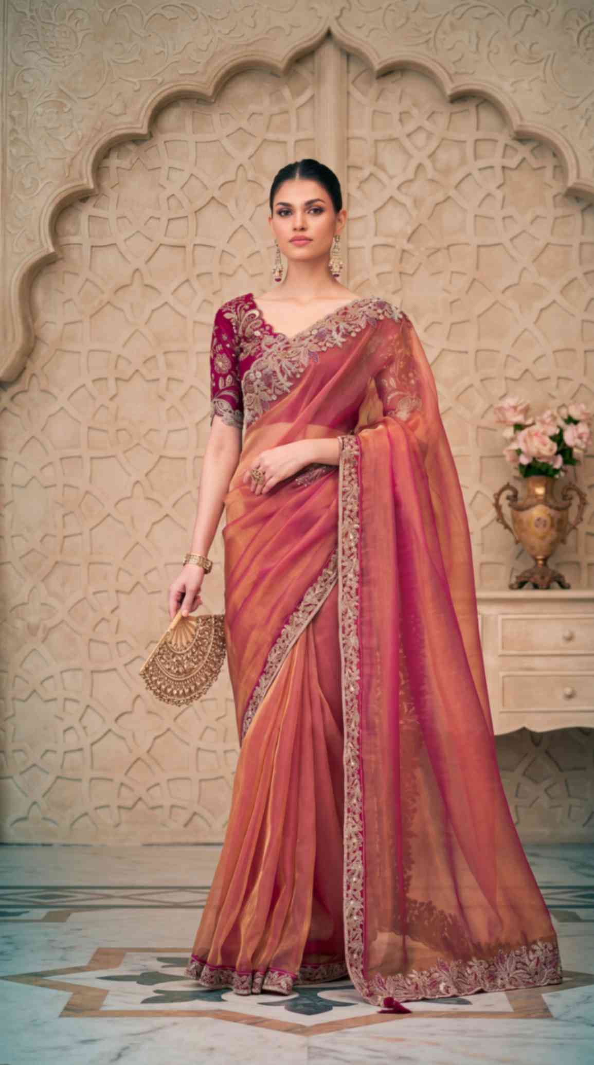 Rose Gold Shimmer Georgette Saree with Embroidered Designer Blouse Piece [ Export Quality ]