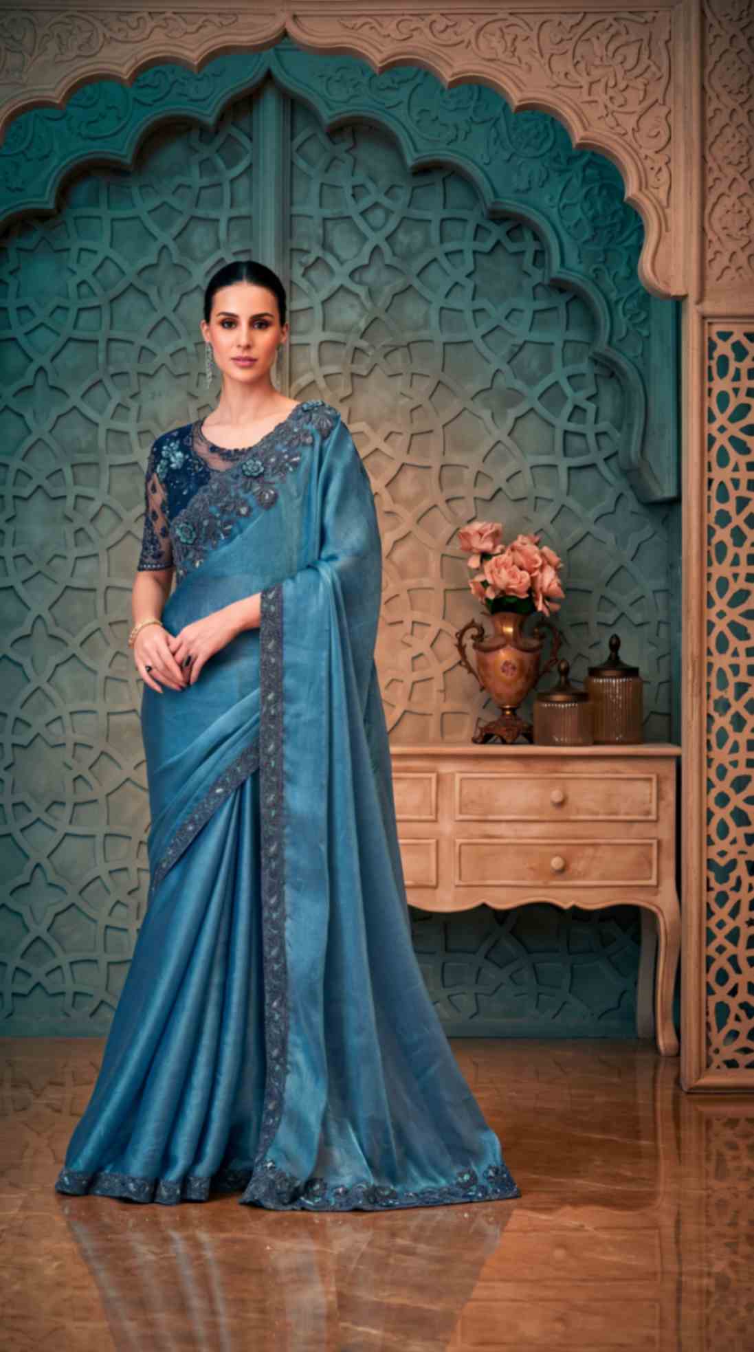 Dusty Blue Satin Crush Georgette Saree with Embroidered Designer Blouse Piece [ Export Quality ]