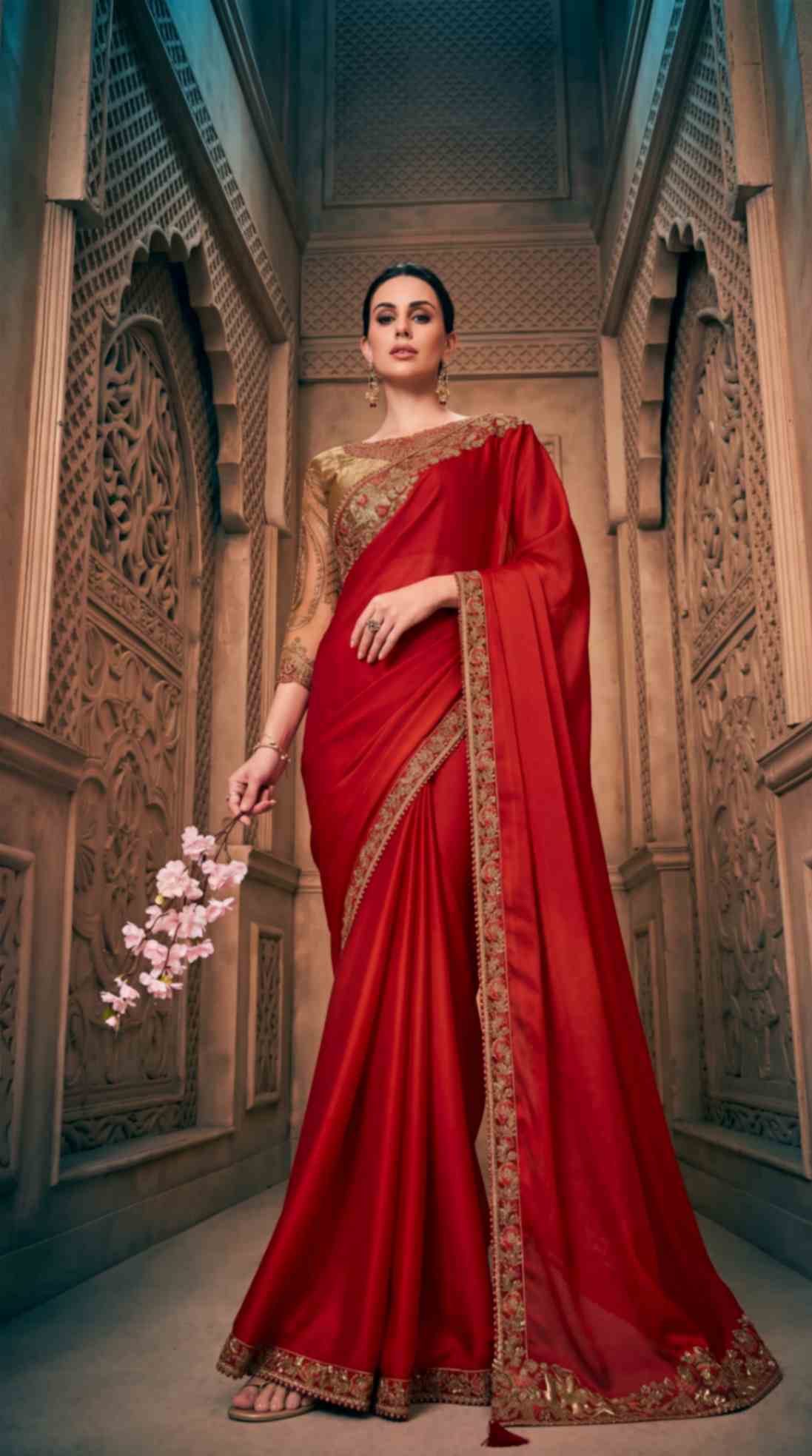 Ruby Red Satin Saree with Brocade Designer Blouse Piece [ Export Quality ]