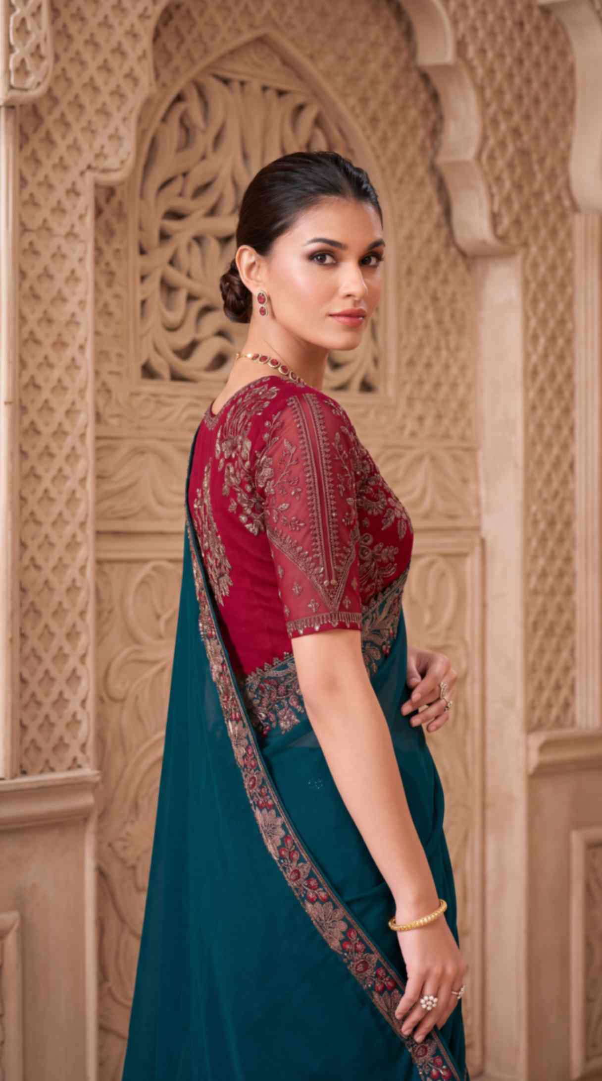 Emerald Teal Satin Georgette Saree with Embroidered Designer Blouse Piece [ Export Quality ]