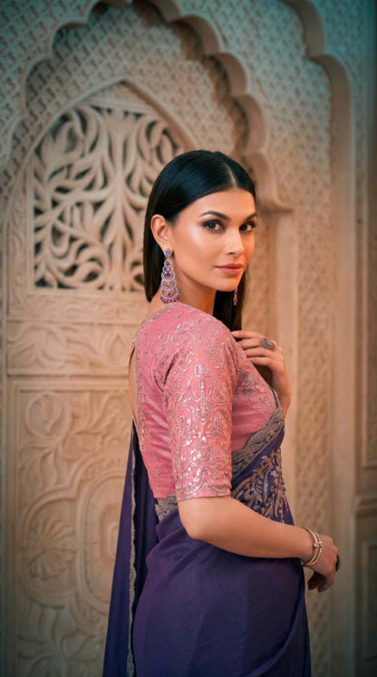Royal Purple Soft Sparkle Georgette Saree with Embroidered Designer Blouse Piece [ Export Quality ]