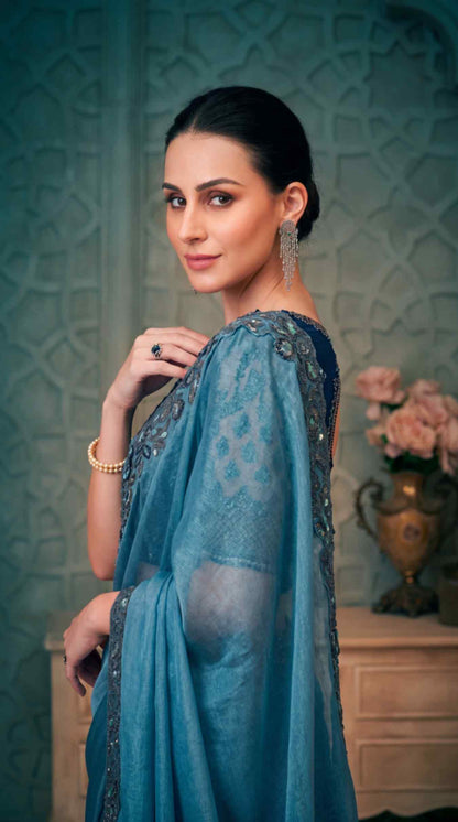 Dusty Blue Satin Crush Georgette Saree with Embroidered Designer Blouse Piece [ Export Quality ]