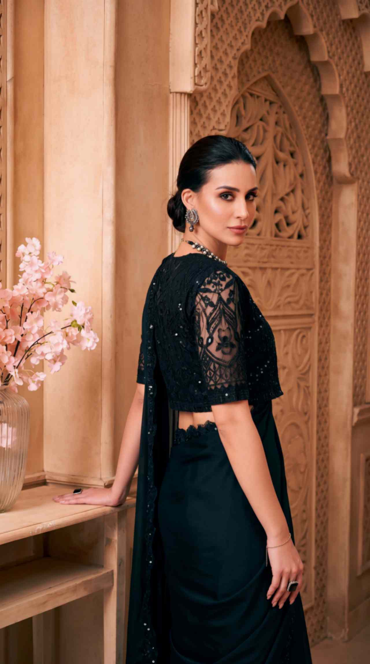Black Satin Georgette Saree with Sequins Jacket Style Blouse Piece [ Export Quality ]
