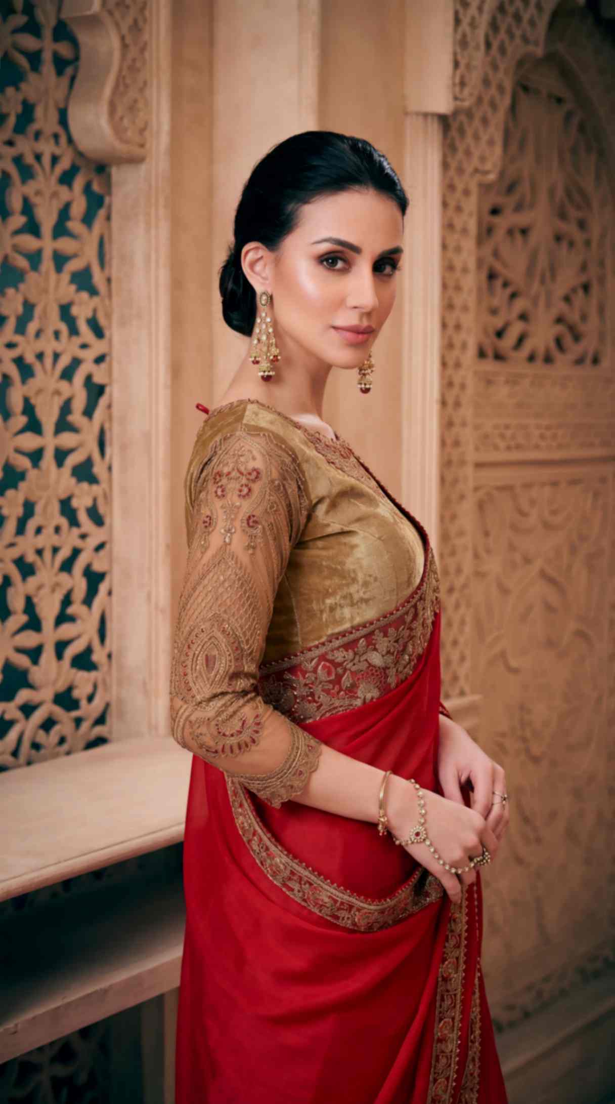 Ruby Red Satin Saree with Brocade Designer Blouse Piece [ Export Quality ]