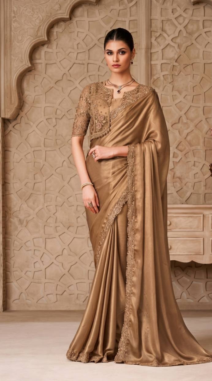 Golden Shimmer Satin Saree with Embroidered Designer Blouse Piece [ Export Quality ]
