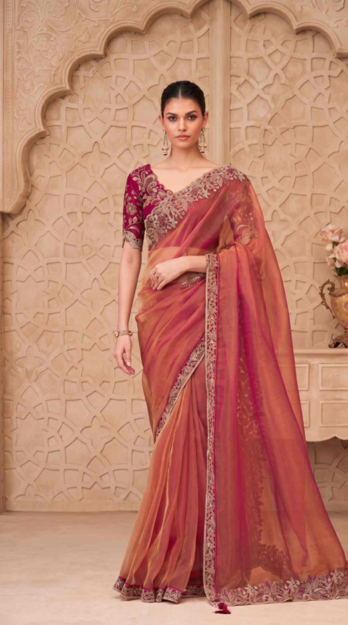 Rose Gold Shimmer Georgette Saree with Embroidered Designer Blouse Piece [ Export Quality ]