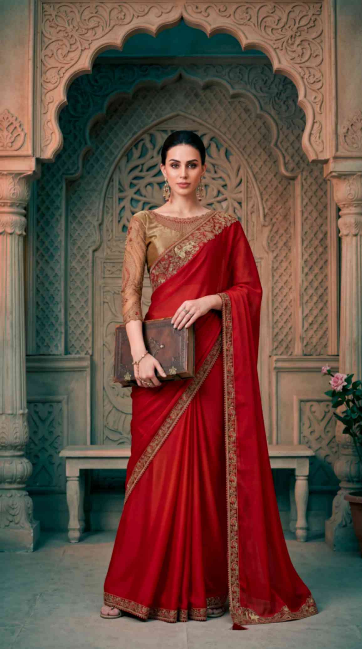 Ruby Red Satin Saree with Brocade Designer Blouse Piece [ Export Quality ]