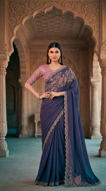 Royal Purple Soft Sparkle Georgette Saree with Embroidered Designer Blouse Piece [ Export Quality ]