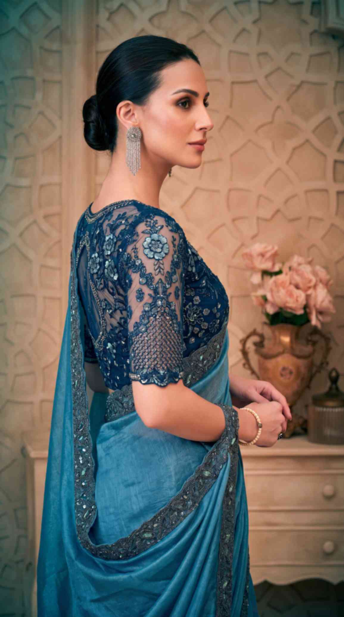 Dusty Blue Satin Crush Georgette Saree with Embroidered Designer Blouse Piece [ Export Quality ]