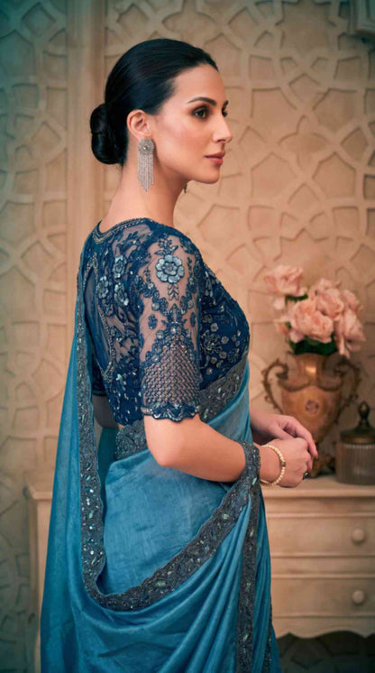 Dusty Blue Satin Crush Georgette Saree with Embroidered Designer Blouse Piece [ Export Quality ]