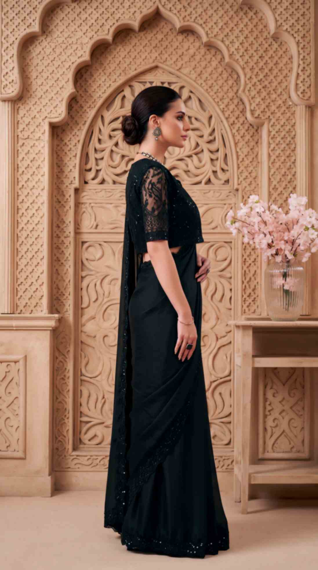 Black Satin Georgette Saree with Sequins Jacket Style Blouse Piece [ Export Quality ]